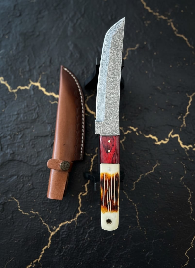 Hand-Forged Damascus Tanto Knife Burnt Bone Handle w/ Leather Sheath - 2