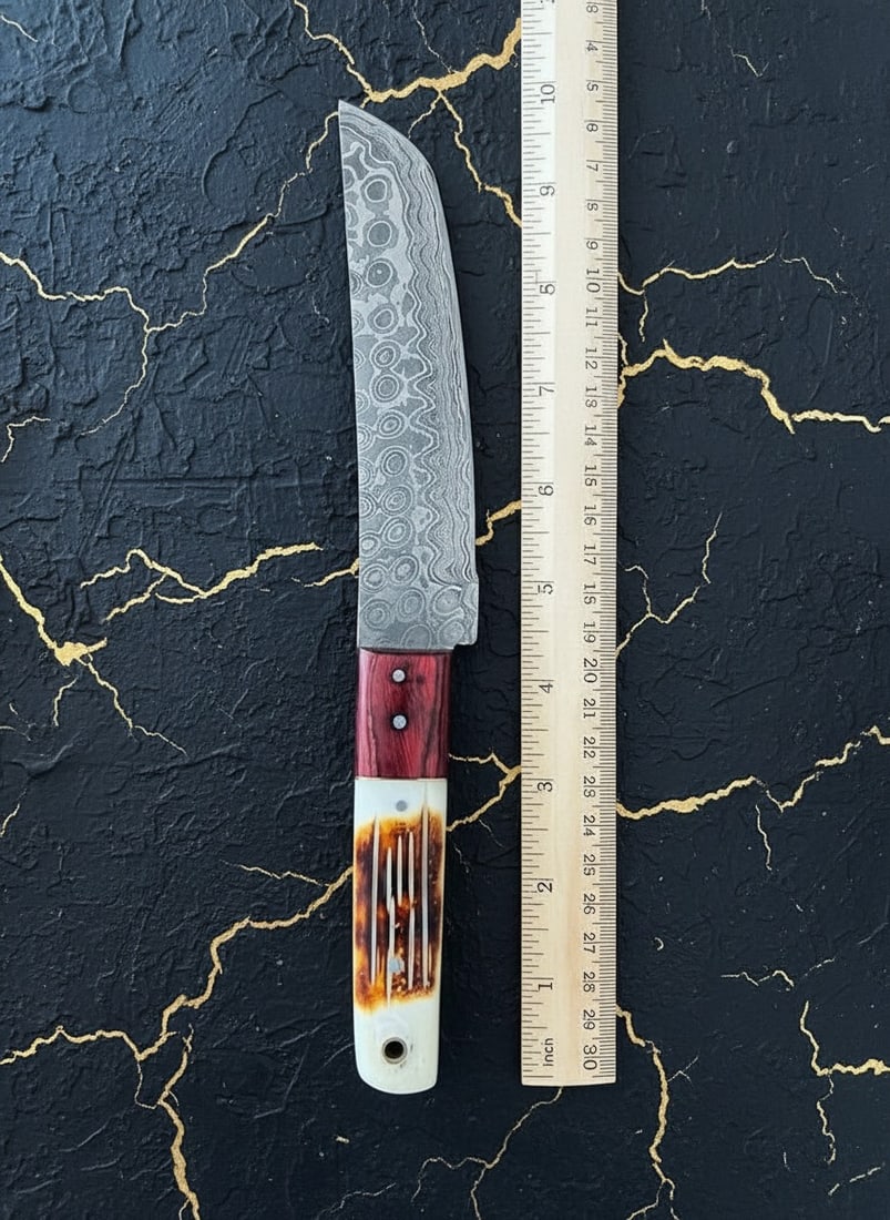Hand-Forged Damascus Tanto Knife Burnt Bone Handle w/ Leather Sheath - 3