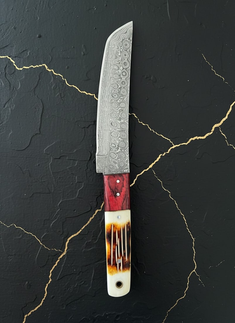 Hand-Forged Damascus Tanto Knife Burnt Bone Handle w/ Leather Sheath - 4