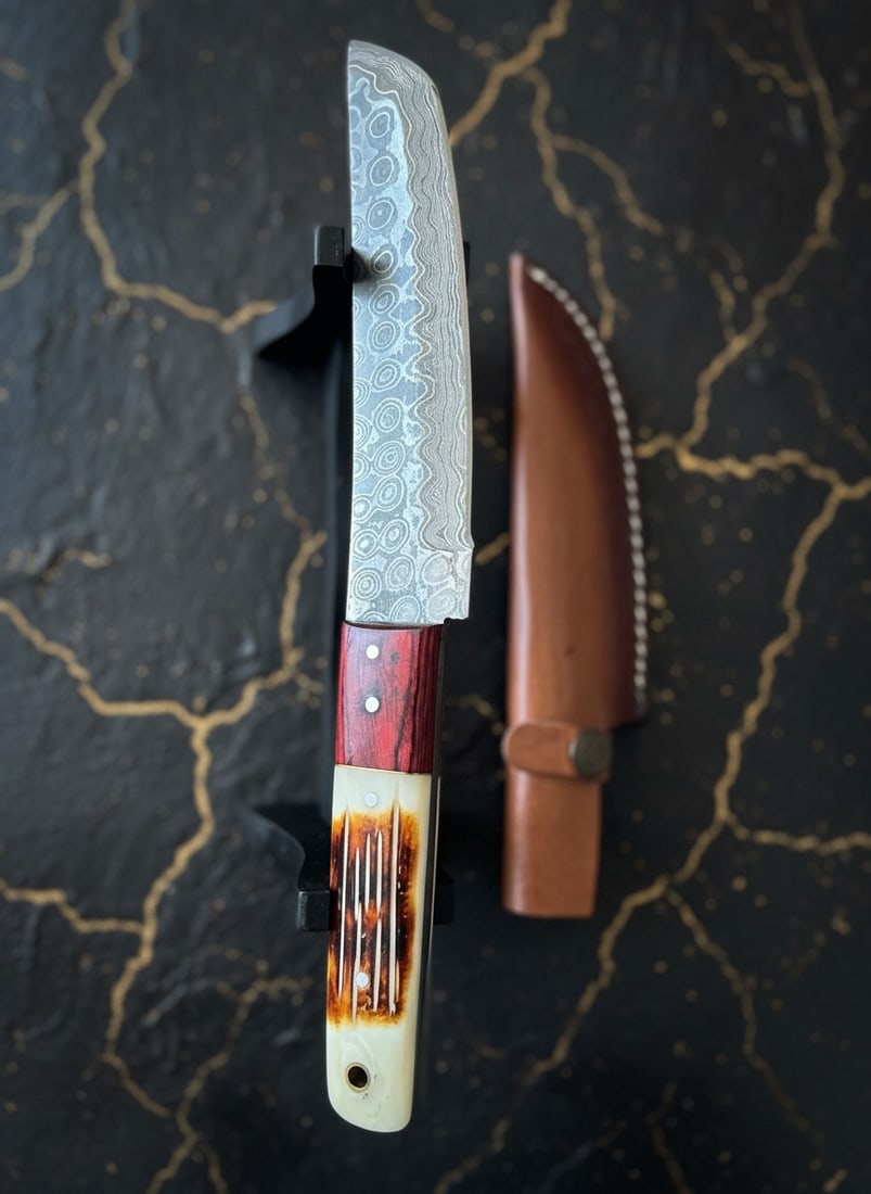 Hand-Forged Damascus Tanto Knife Burnt Bone Handle w/ Leather Sheath - 5