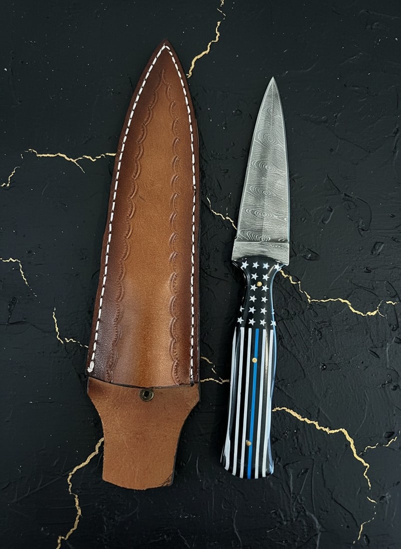 Handcrafted Blue Line Damascus Steel Boot Dagger Knife with Leather Sheath - 3