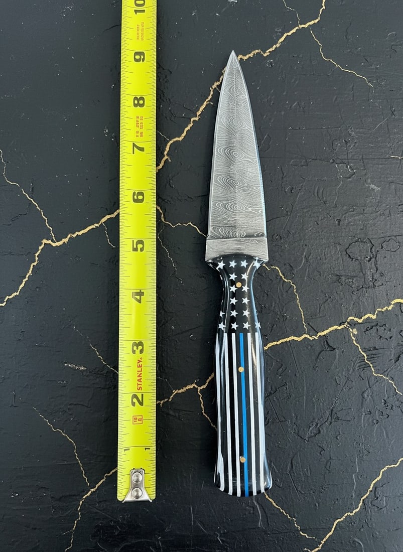 Handcrafted Blue Line Damascus Steel Boot Dagger Knife with Leather Sheath - 4
