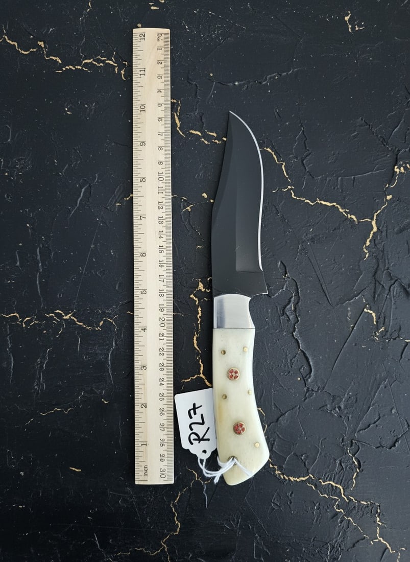 Handcrafted D2 Steel Hunting Knife Bone Handle Mosaic Pin Custom Sheath - 3