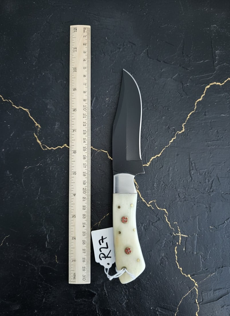Handcrafted D2 Steel Hunting Knife Bone Handle Mosaic Pin Custom Sheath - 4
