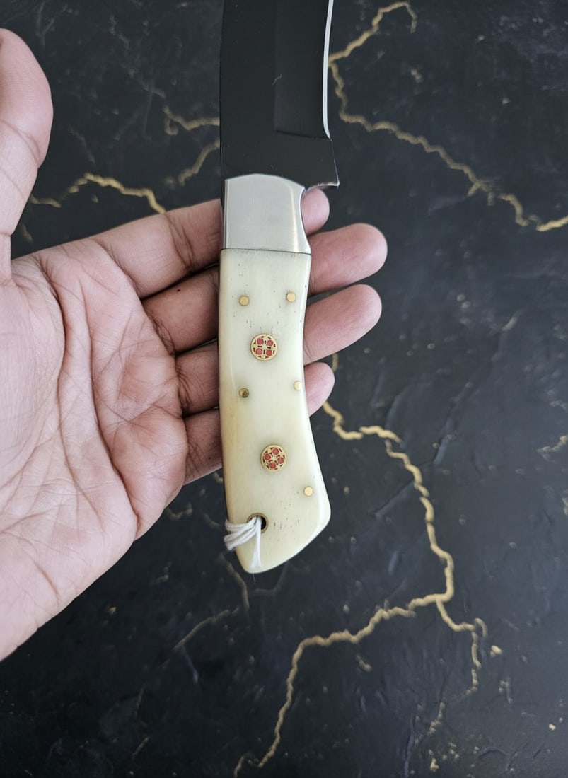 Handcrafted D2 Steel Hunting Knife Bone Handle Mosaic Pin Custom Sheath - 6