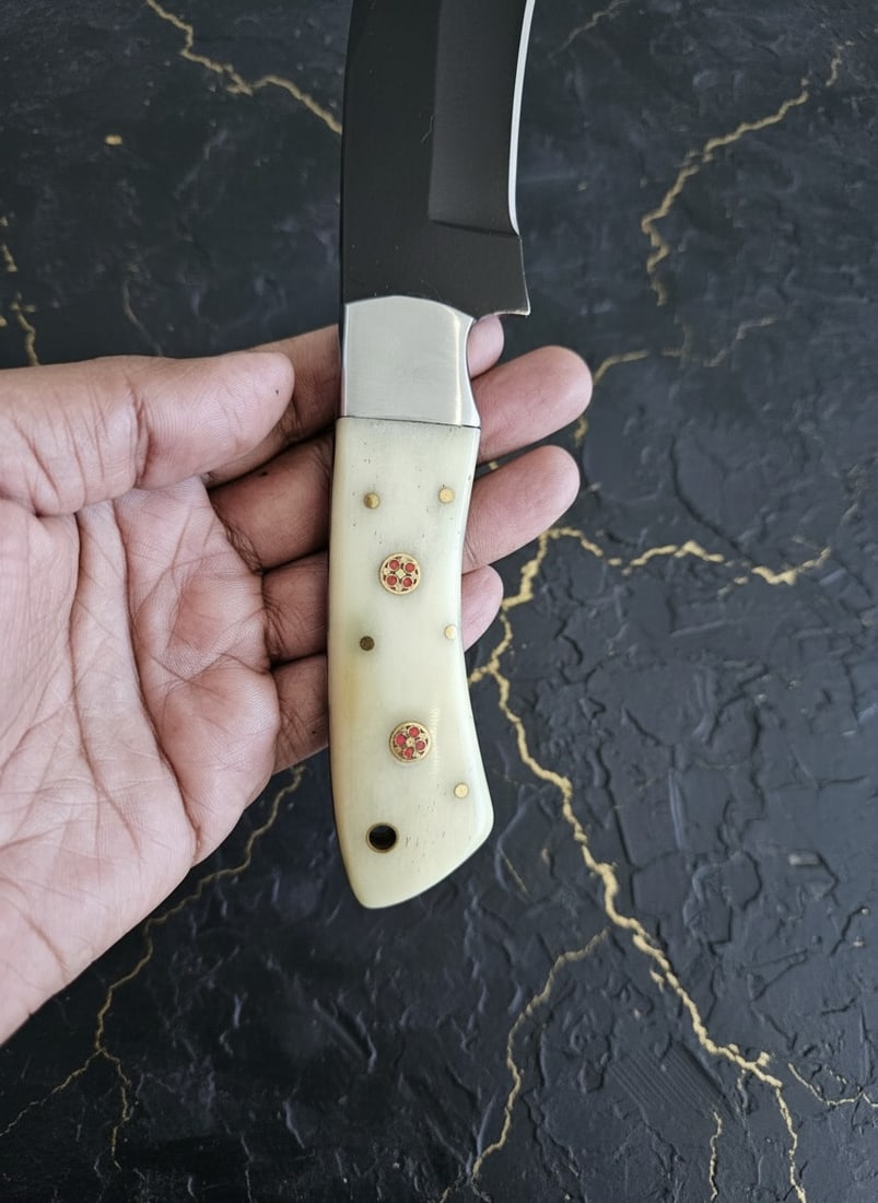 Handcrafted D2 Steel Hunting Knife Bone Handle Mosaic Pin Custom Sheath - 7
