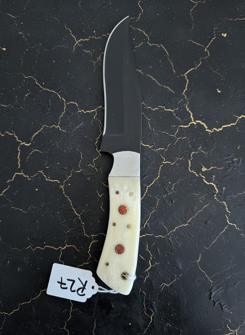 Handcrafted D2 Steel Hunting Knife Bone Handle Mosaic Pin Custom Sheath - 9