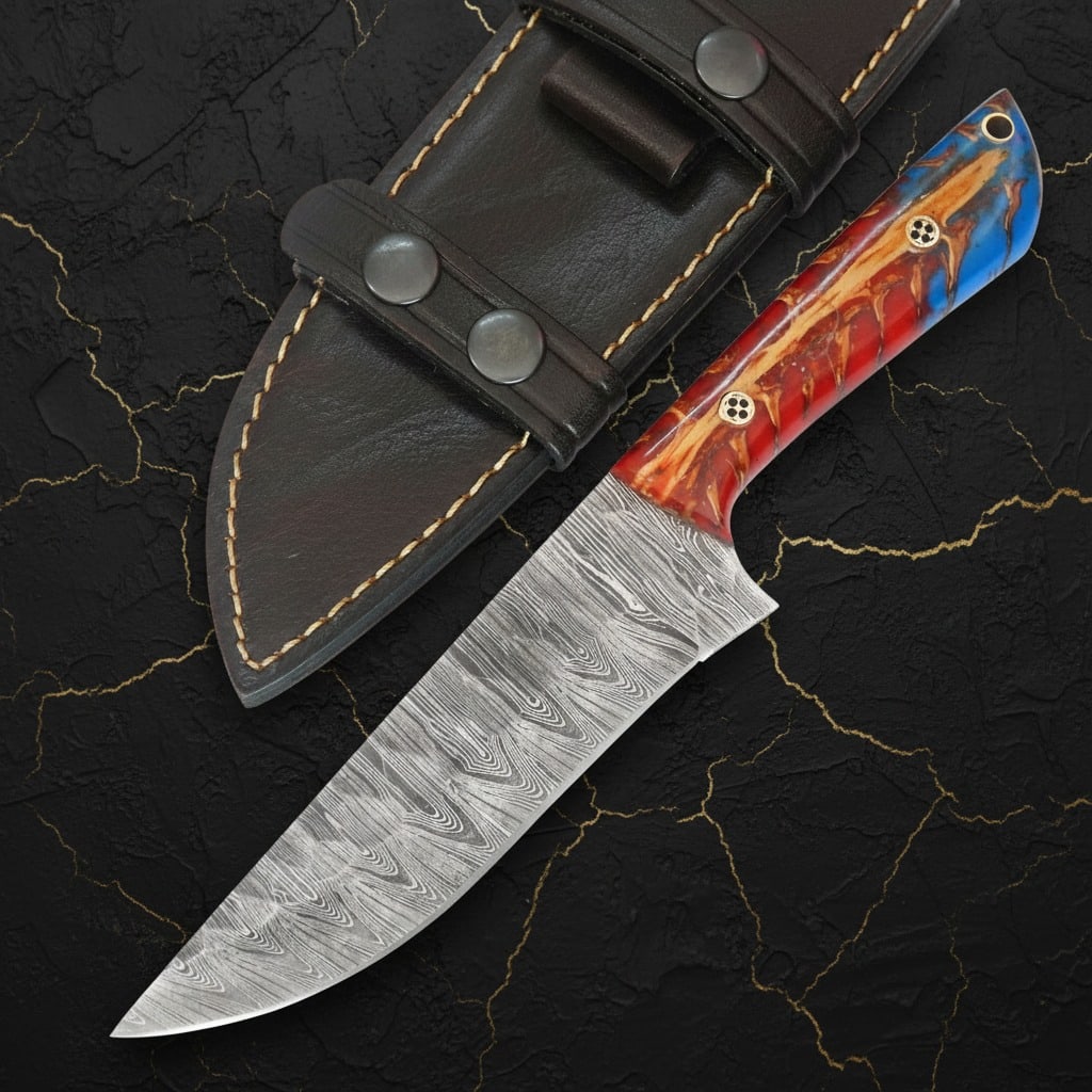 Handmade Damascus Steel Fixed Blade Knife Pine Cone Grip Leather Sheath - 2