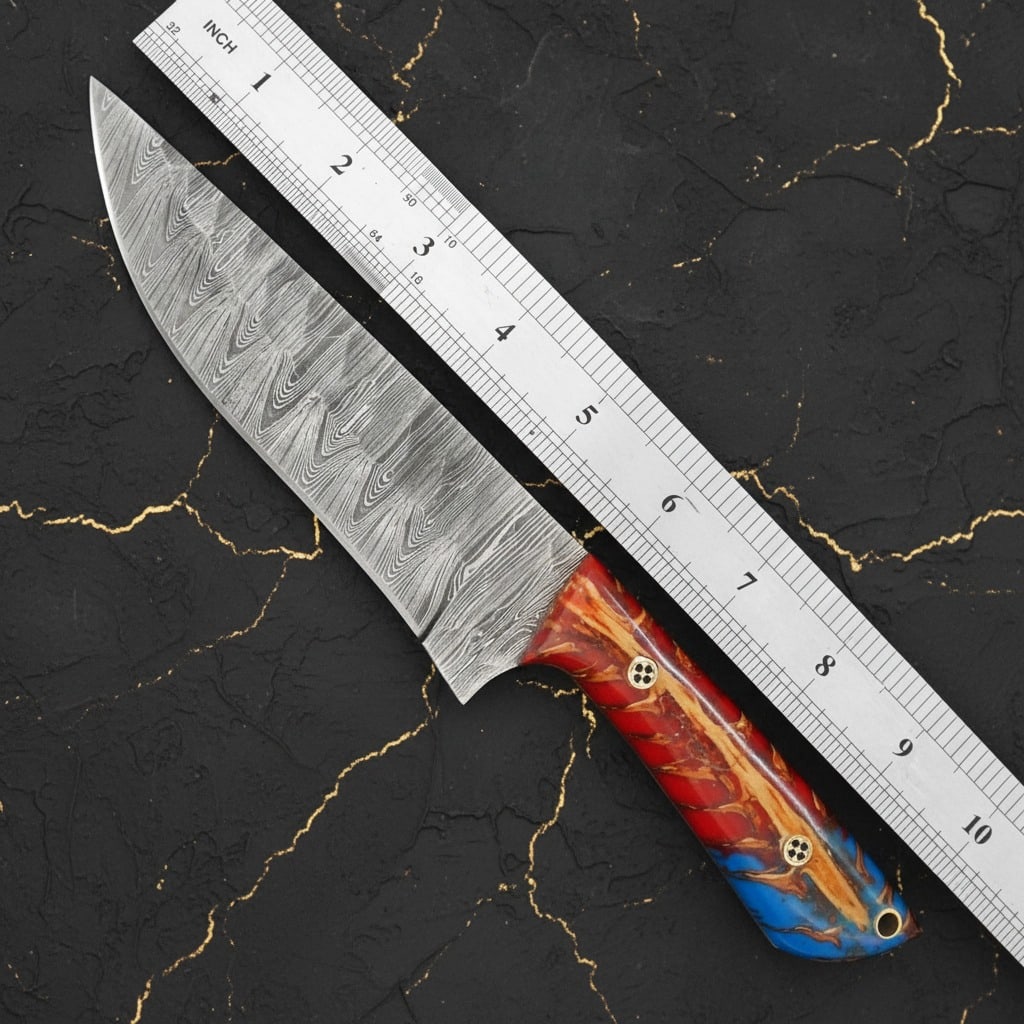 Handmade Damascus Steel Fixed Blade Knife Pine Cone Grip Leather Sheath - 4