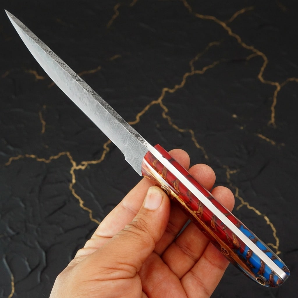 Handmade Damascus Steel Fixed Blade Knife Pine Cone Grip Leather Sheath - 6