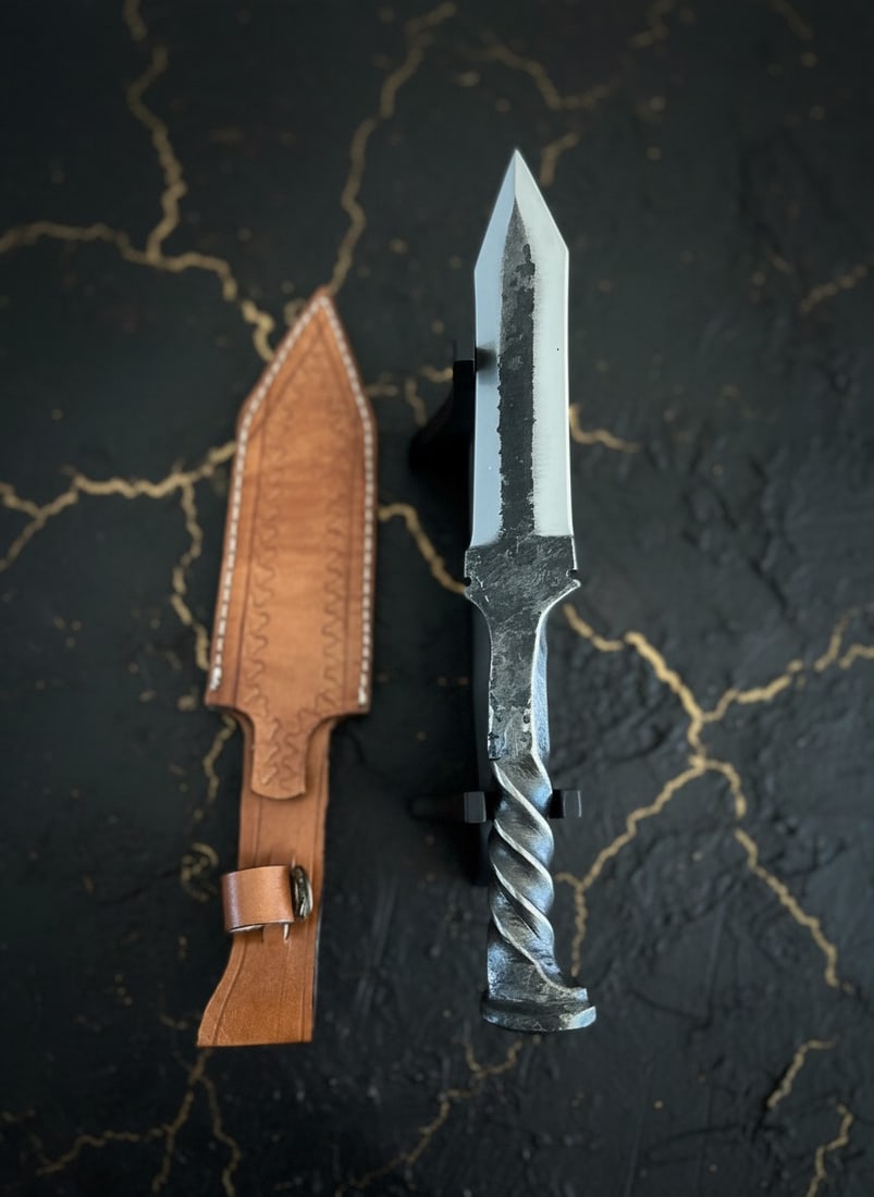 Custom 12.5" D2 Steel Railroad Spike Knife with Handcrafted Leather Sheath - 2