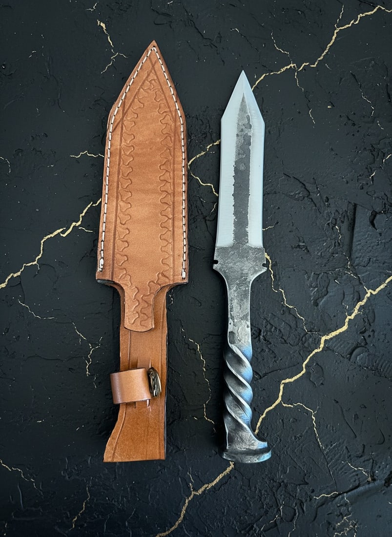 Custom 12.5" D2 Steel Railroad Spike Knife with Handcrafted Leather Sheath - 6