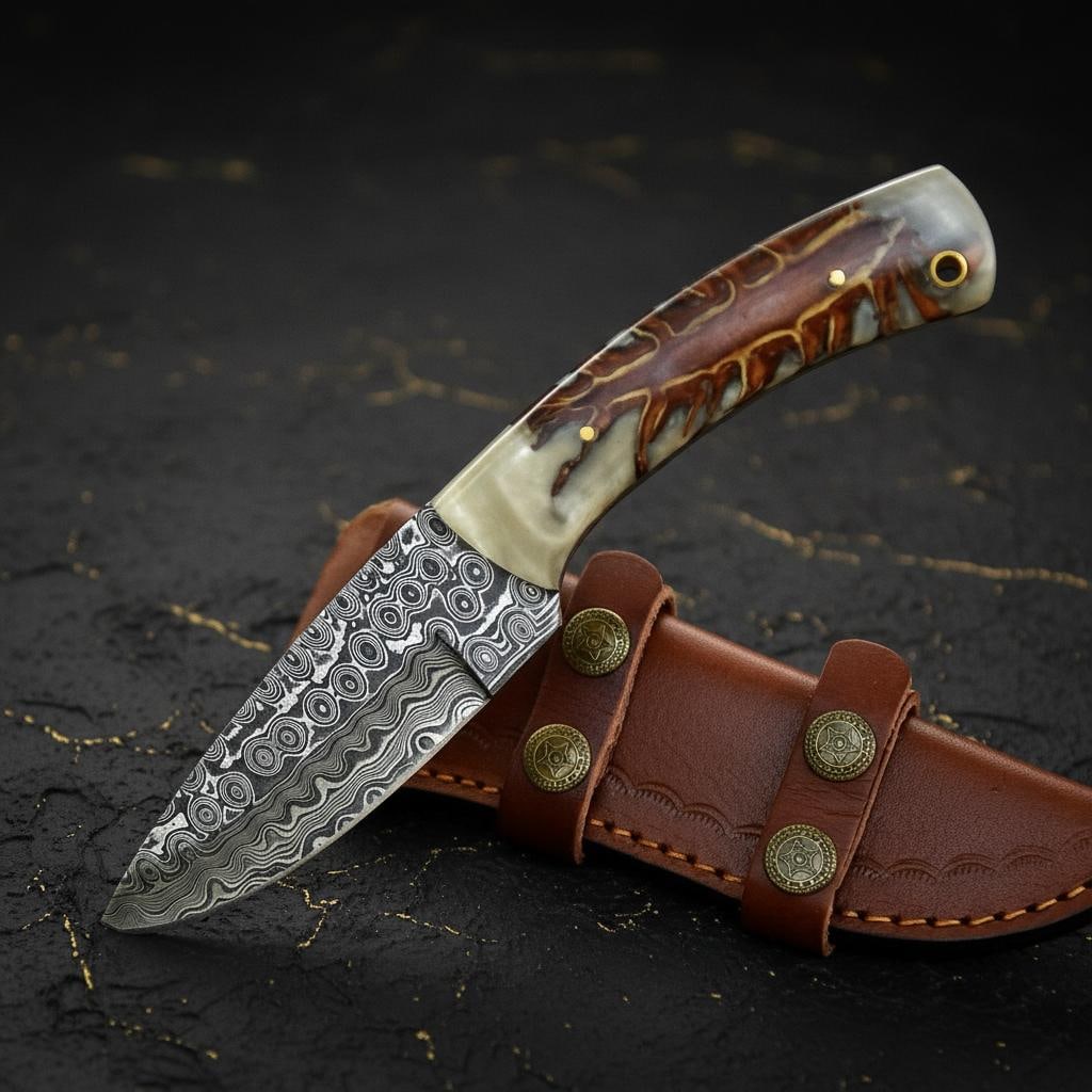 Handmade Damascus Skinner Knife, Rain Pattern Fixed Blade with Pinecone Handle: Title:Handmade Damascus Skinner Knife, Rain Pattern Fixed Blade with Pinecone Handle Description:This listing is for a custom handmade skinner knife, expertly forged from Damascus steel. The blade fea