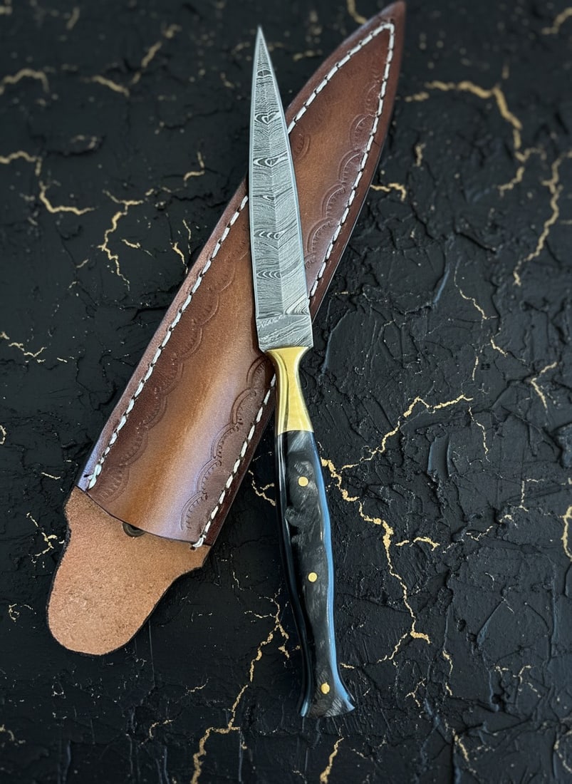 Hand-Forged Damascus Steel Ram Horn Dagger Knife with Leather Sheath (1 of 4)