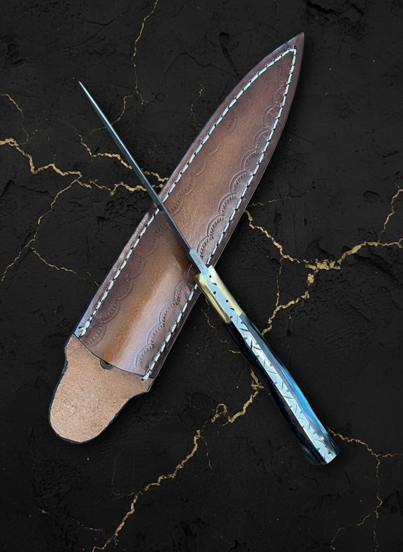 Hand-Forged Damascus Steel Ram Horn Dagger Knife with Leather Sheath - 2