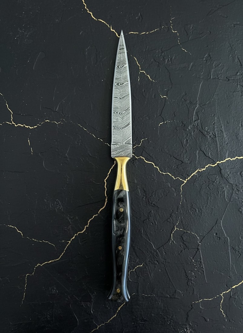 Hand-Forged Damascus Steel Ram Horn Dagger Knife with Leather Sheath - 3