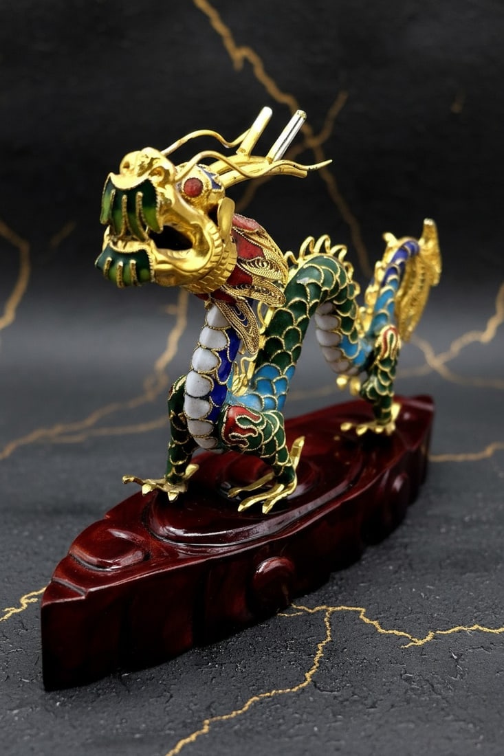 Multicolor Cloisonné Dragon Statue Oriental Enamel Decor on Wooden Stand - 2