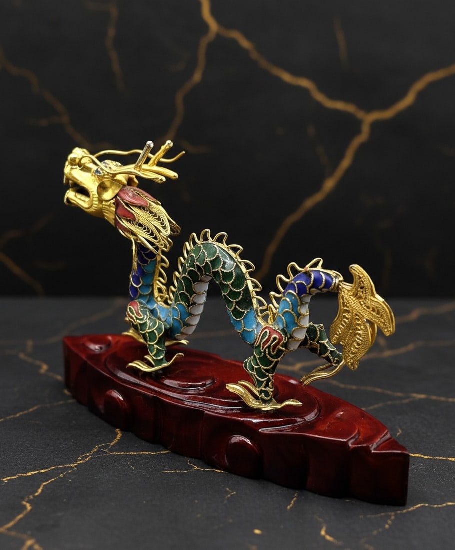 Multicolor Cloisonné Dragon Statue Oriental Enamel Decor on Wooden Stand - 3