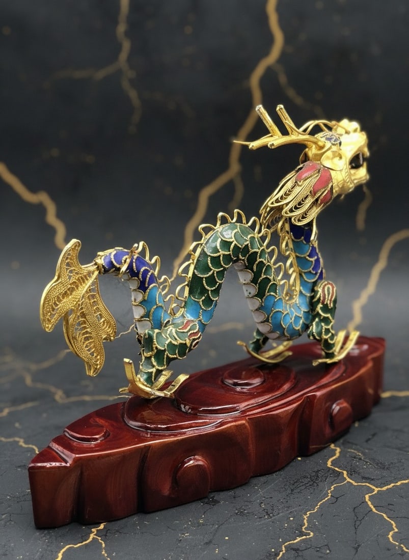 Multicolor Cloisonné Dragon Statue Oriental Enamel Decor on Wooden Stand - 4