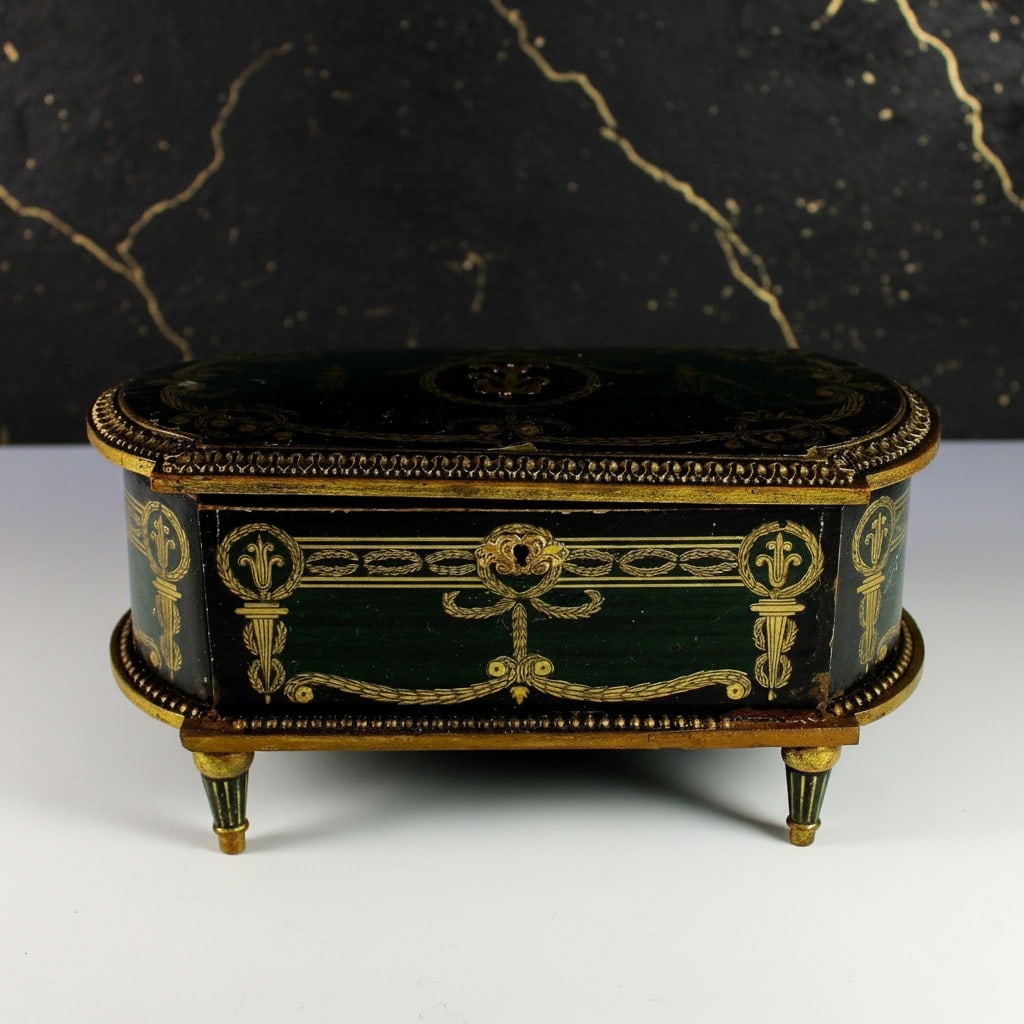 Vintage Hand Painted Wood Jewelry Chest with Pedestal Feet and Applique Detail - 2