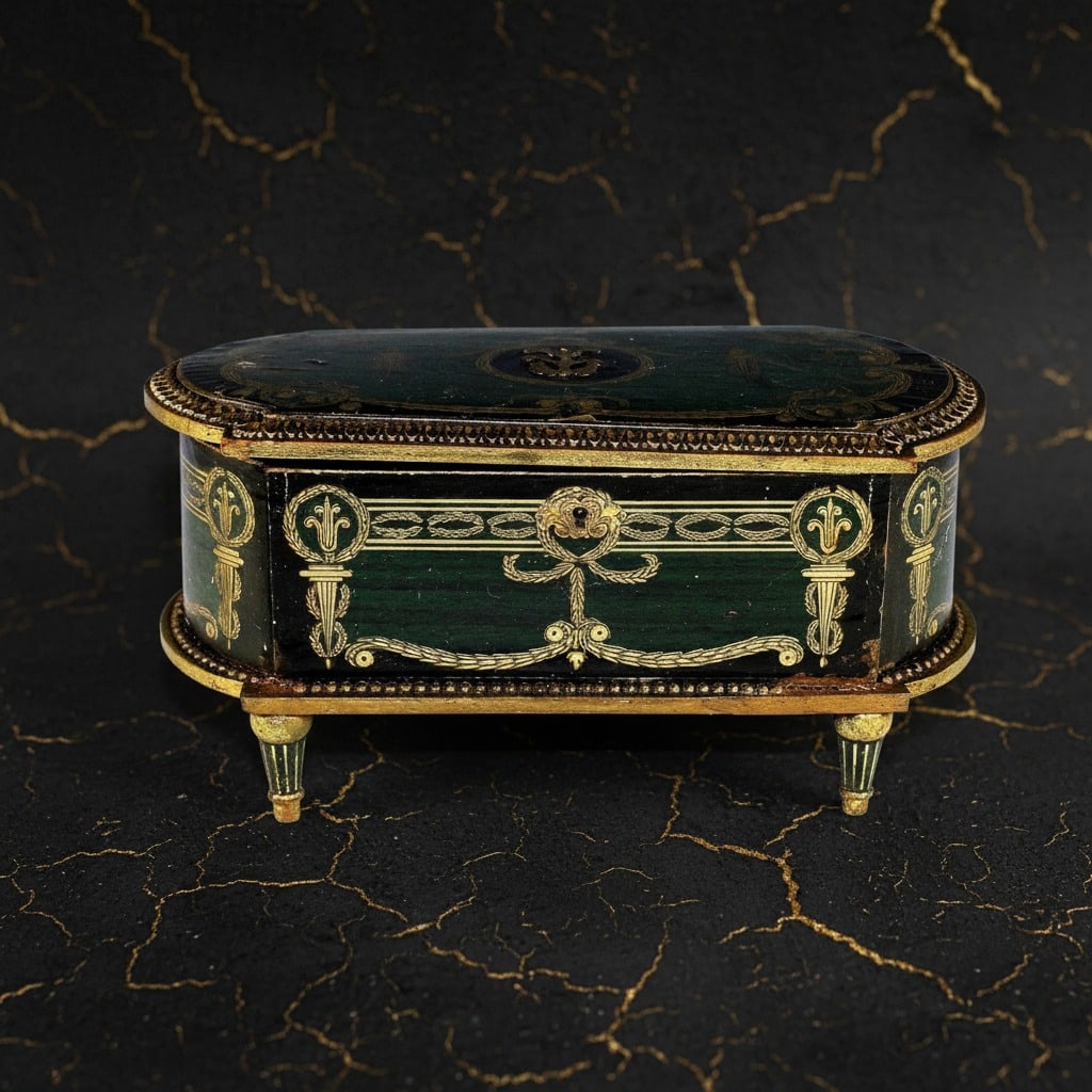Vintage Hand Painted Wood Jewelry Chest with Pedestal Feet and Applique Detail - 4