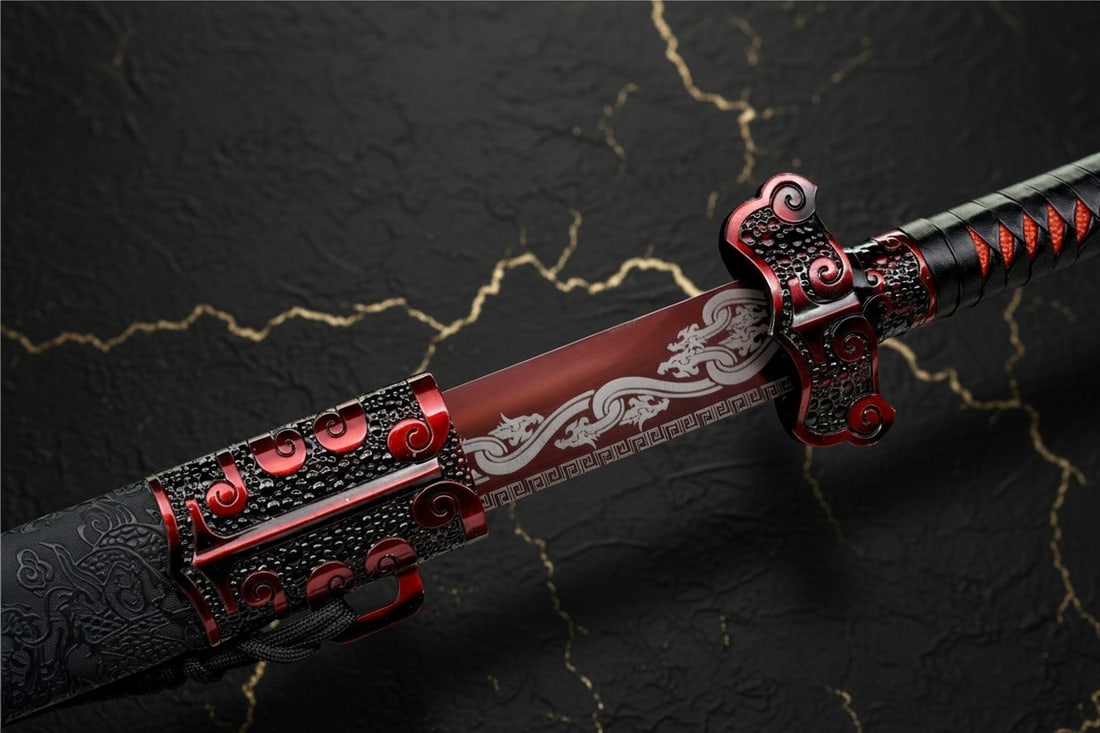 44" Functional Red Dragon Ninjato, Hand-Forged 1095 Carbon Steel Broadsword - 5
