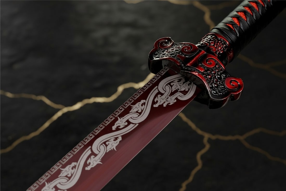 44" Functional Red Dragon Ninjato, Hand-Forged 1095 Carbon Steel Broadsword - 7