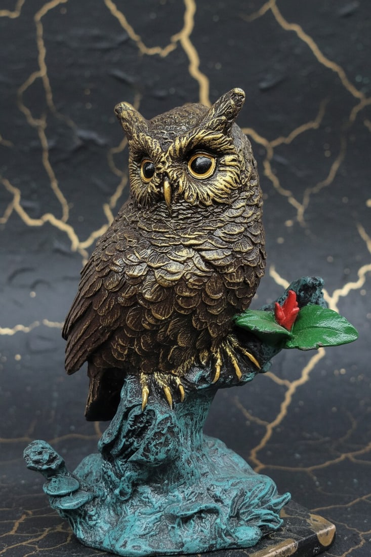Multicolor Bronze Owl Statue Figurine Museum Grade Art Sculpture - 5