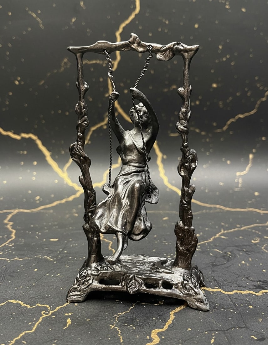 Art Nouveau Style Bronze Statue Girl on Swing Figurine Vintage Decor - 2