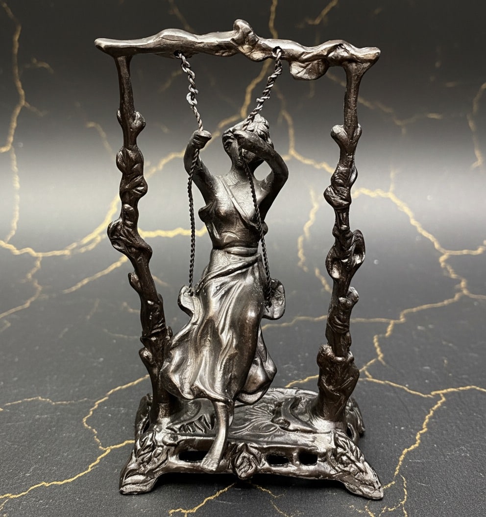 Art Nouveau Style Bronze Statue Girl on Swing Figurine Vintage Decor - 3