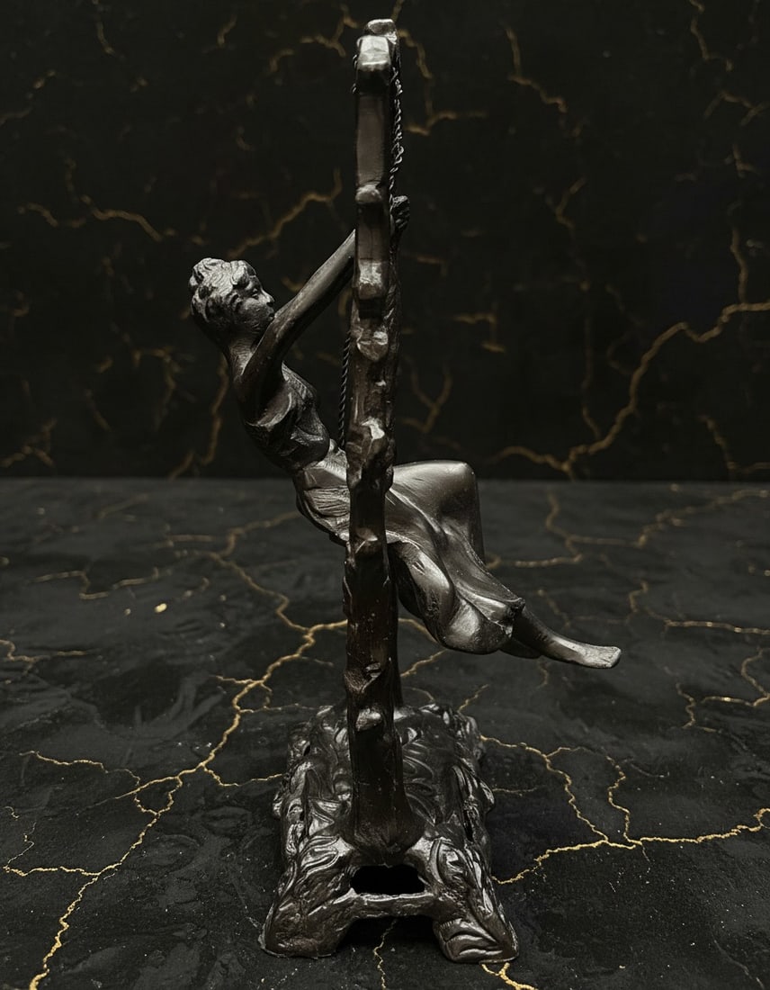 Art Nouveau Style Bronze Statue Girl on Swing Figurine Vintage Decor - 6