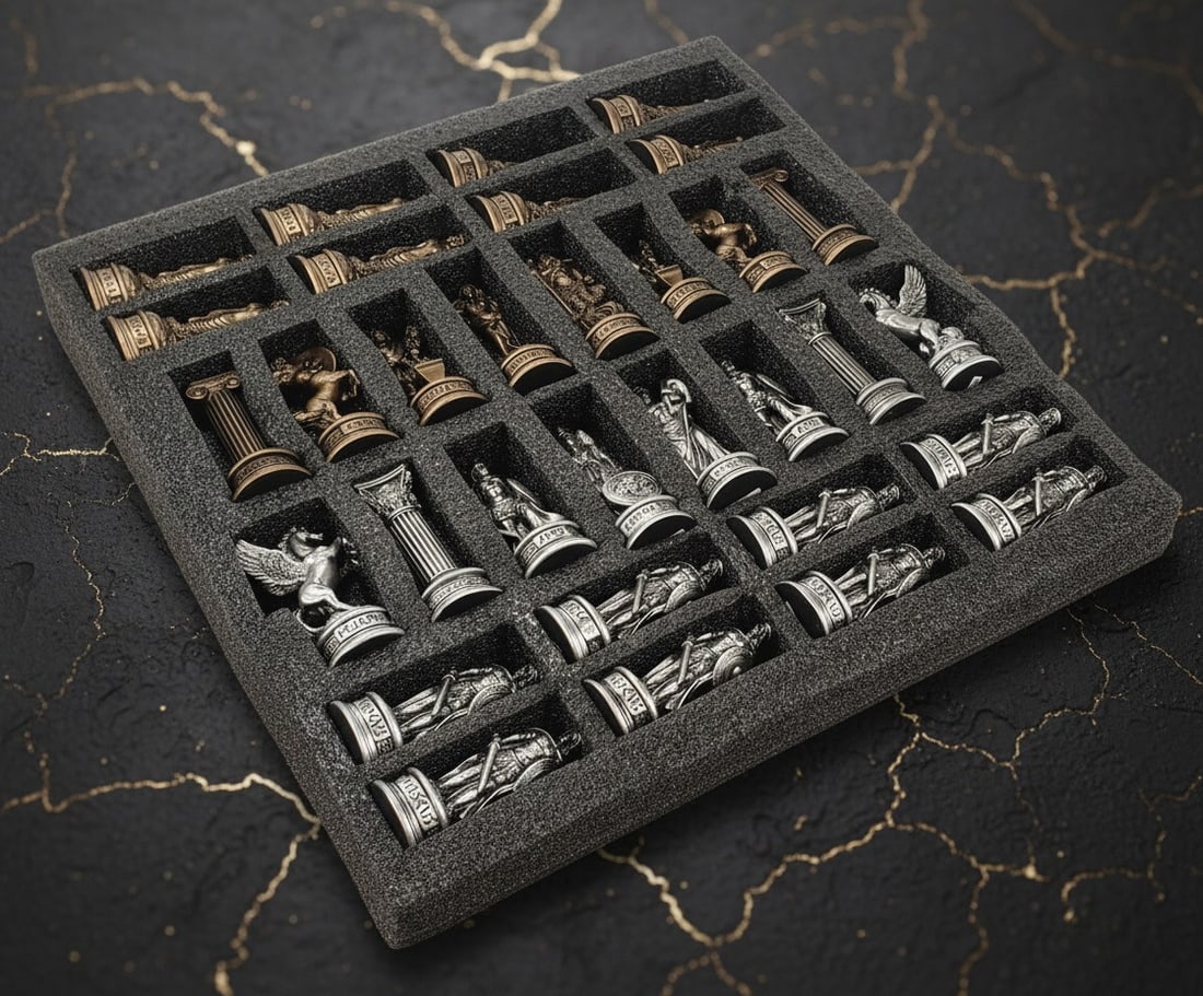 17" Mosaic Chess Set Greek Olympus Gods Theme Bronze Pewter Finish Board - 2