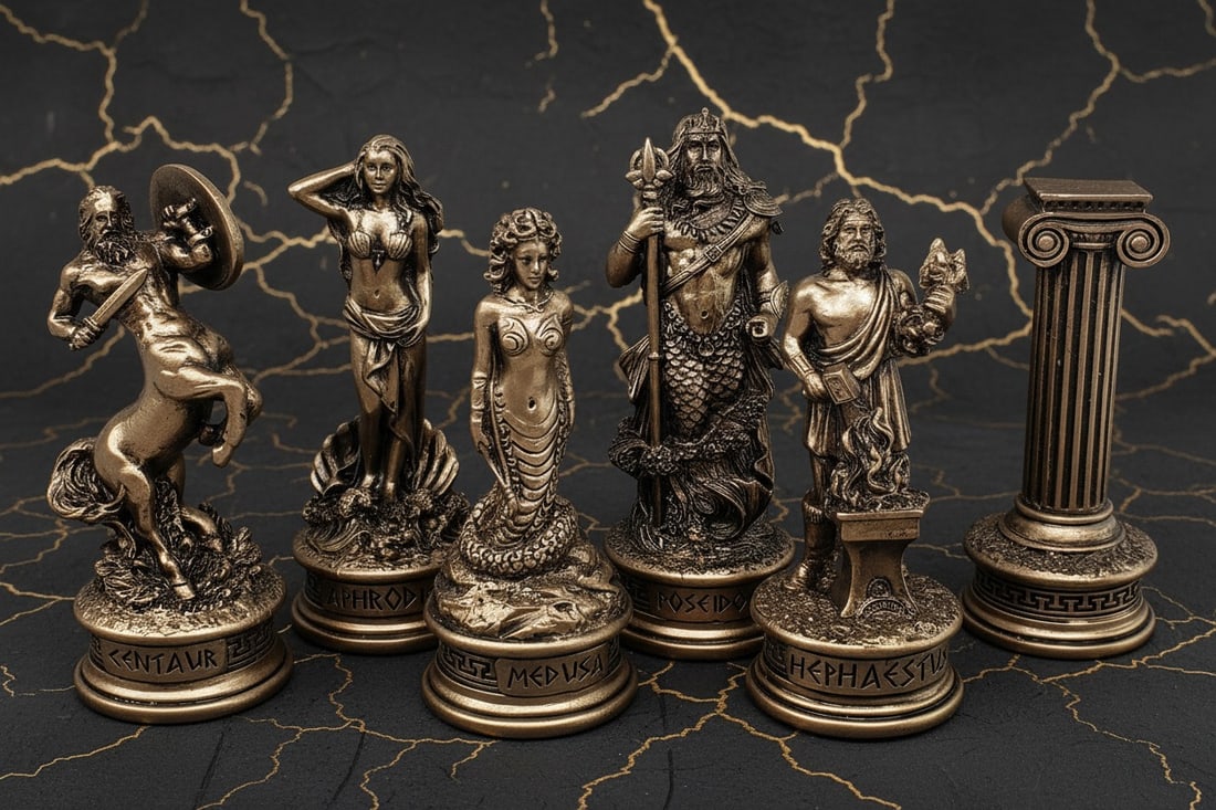 17" Mosaic Chess Set Greek Olympus Gods Theme Bronze Pewter Finish Board - 4
