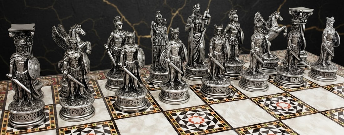 17" Mosaic Chess Set Greek Olympus Gods Theme Bronze Pewter Finish Board - 5