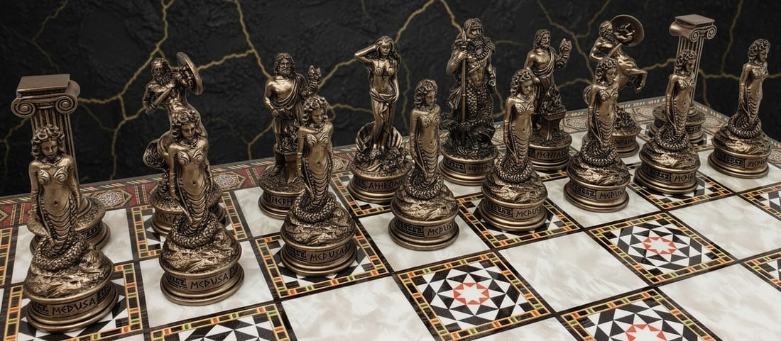 17" Mosaic Chess Set Greek Olympus Gods Theme Bronze Pewter Finish Board - 6