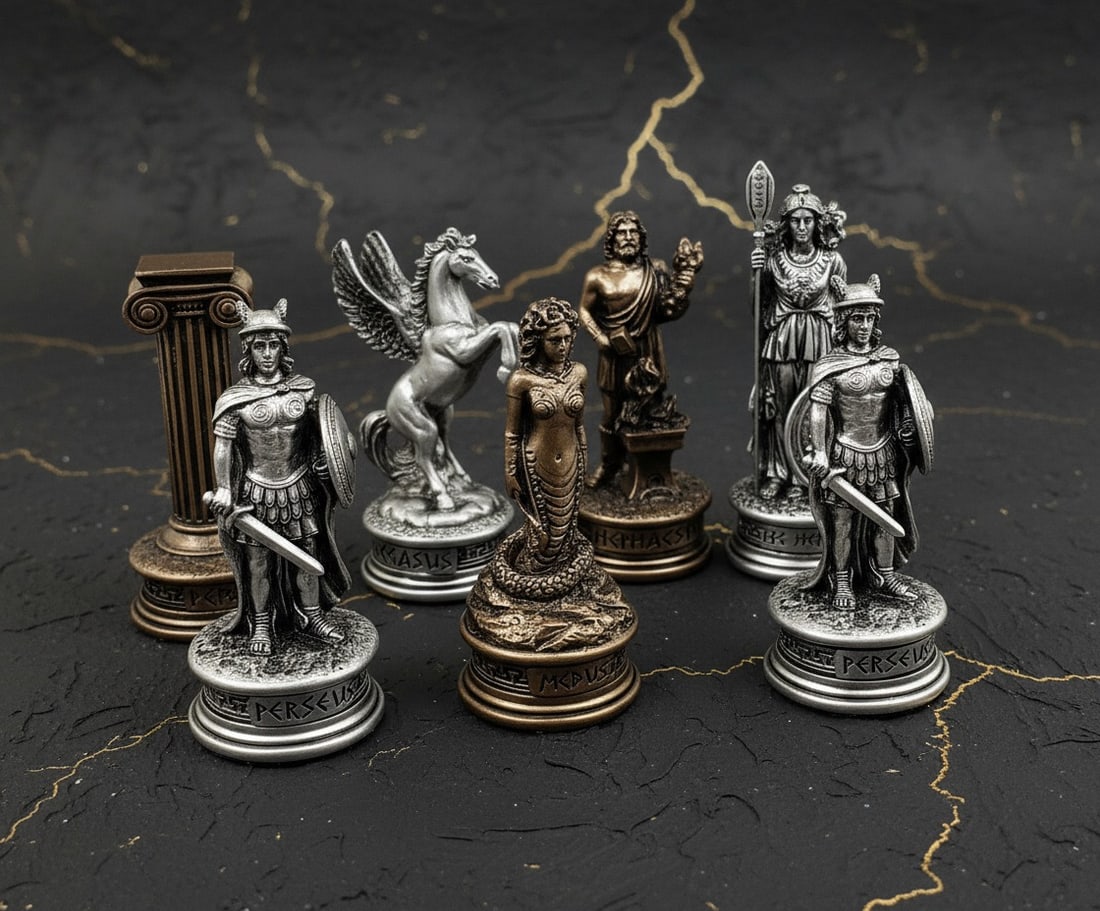 17" Mosaic Chess Set Greek Olympus Gods Theme Bronze Pewter Finish Board - 7