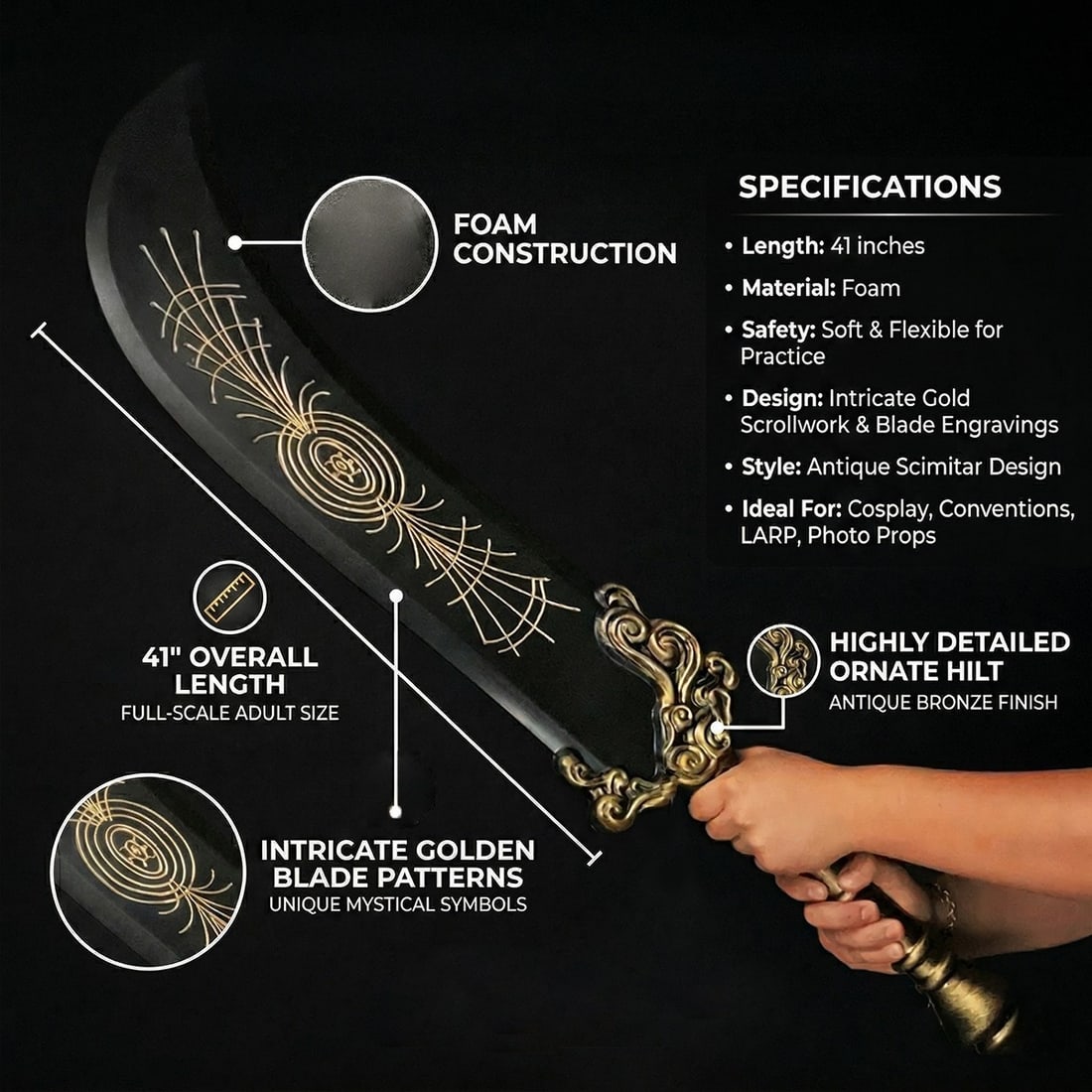 41" Fantasy Foam Greatsword Prop - Large Medieval Cosplay Weapon for Display - 7