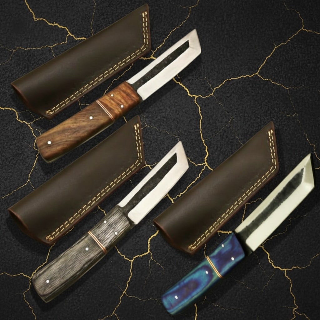 3 Piece Handmade Carbon Steel Tanto Knife Set with Genuine Leather Sheath: Title:3 Piece Handmade Carbon Steel Tanto Knife Set with Genuine Leather Sheath Description:This handcrafted carbon steel Tanto knife is a versatile tool designed for durability and precision.