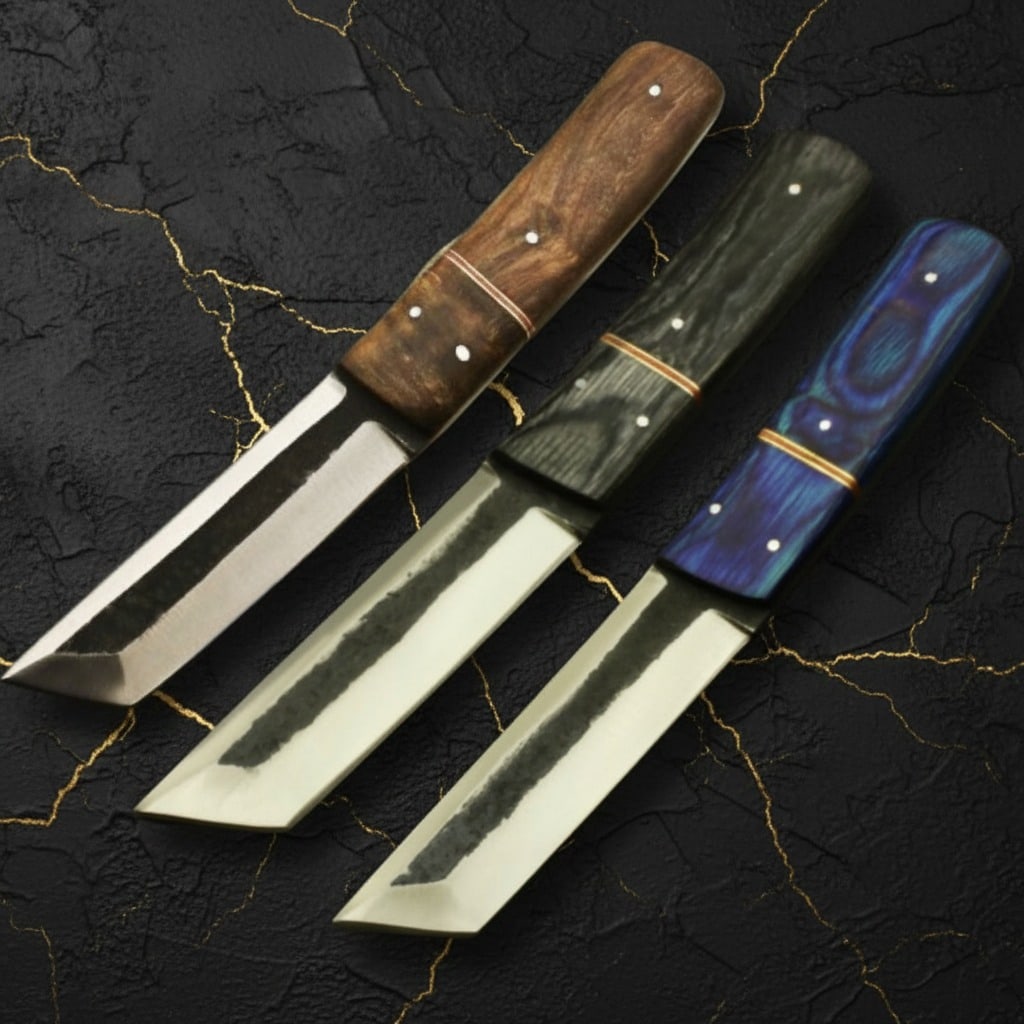 3 Piece Handmade Carbon Steel Tanto Knife Set with Genuine Leather Sheath - 2