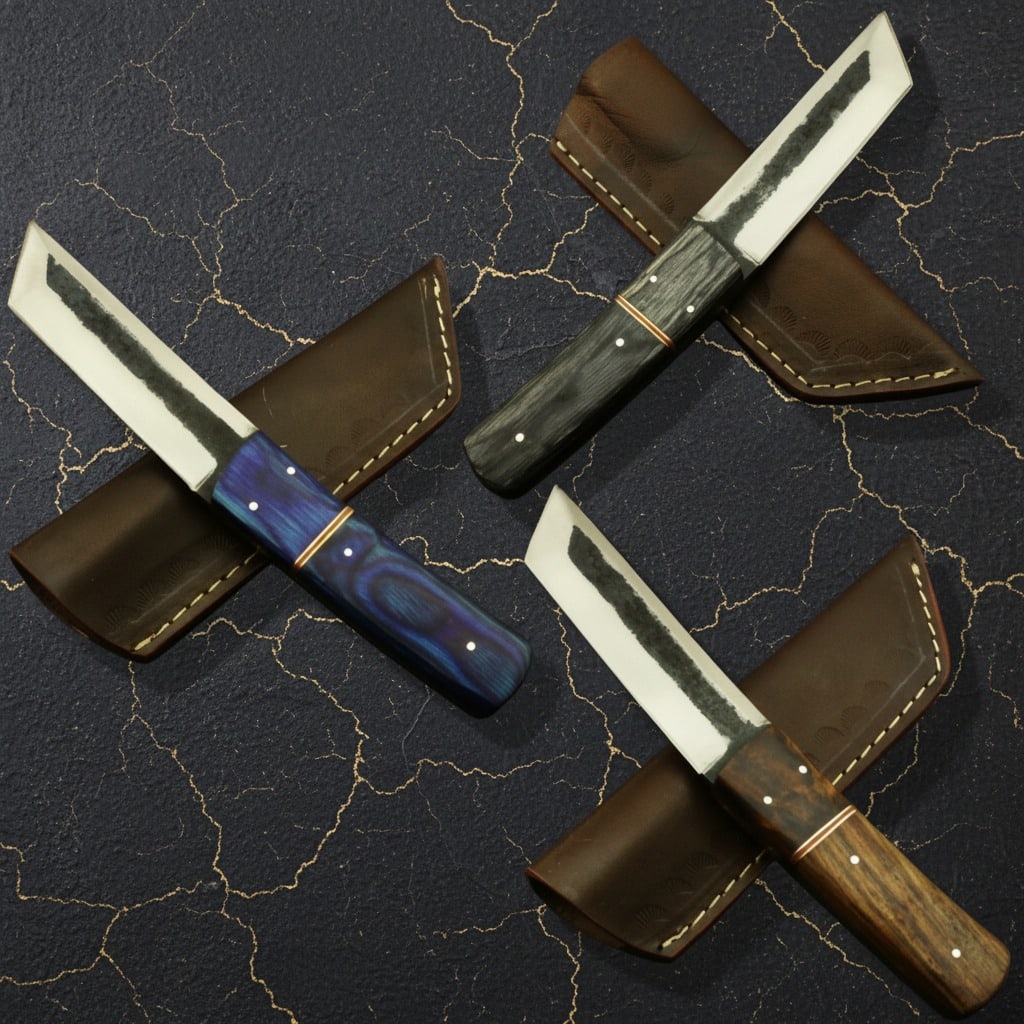 3 Piece Handmade Carbon Steel Tanto Knife Set with Genuine Leather Sheath - 3