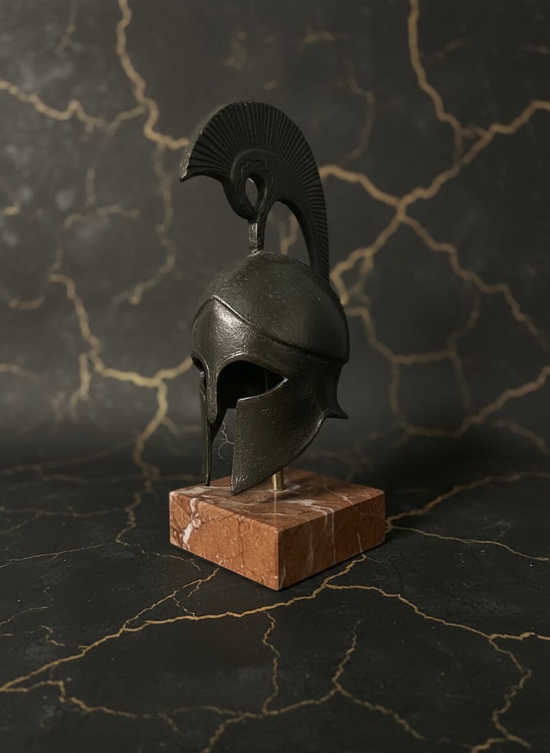 Ancient Spartan Corinthian Metal Helmet Sculpture Classic Greek Decor - 2