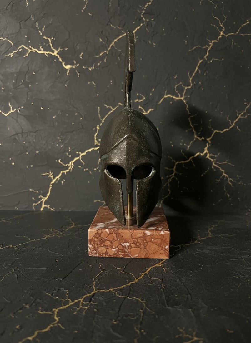 Ancient Spartan Corinthian Metal Helmet Sculpture Classic Greek Decor - 3