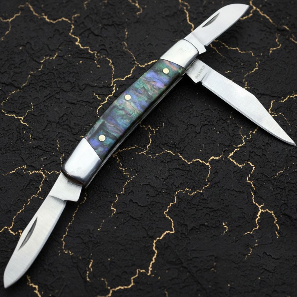 2.75" Stockman Folding Pocket Knife 3 Blade Abalone Inlay Collectible New - 2