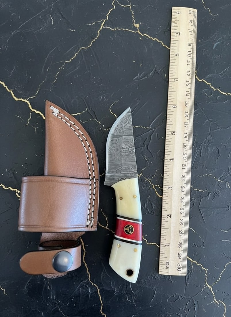 6" Handmade Damascus Steel Skinner Knife Bone Handle Mosaic Pin w/ Sheath (1 of 5)