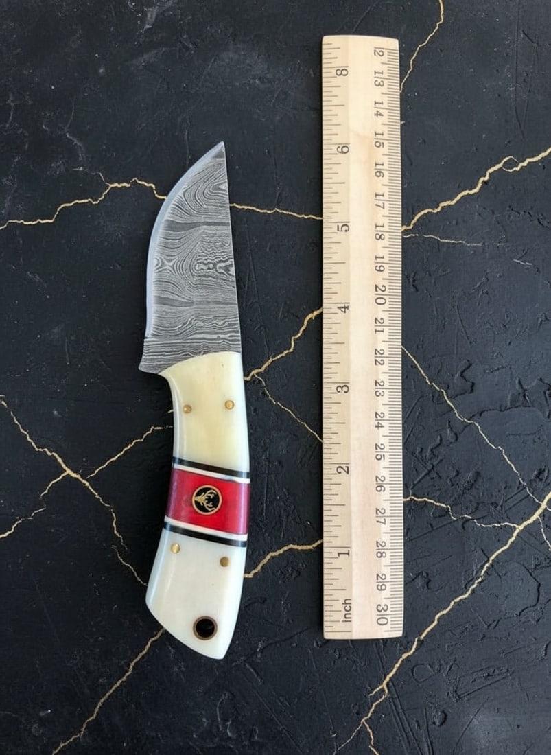 6" Handmade Damascus Steel Skinner Knife Bone Handle Mosaic Pin w/ Sheath - 4