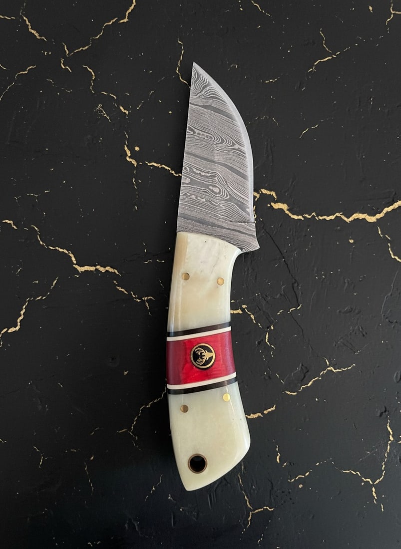 6" Handmade Damascus Steel Skinner Knife Bone Handle Mosaic Pin w/ Sheath - 5