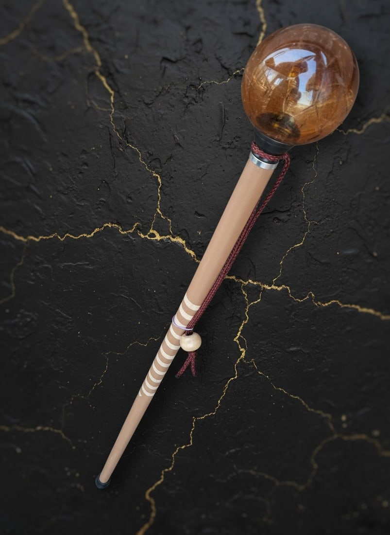 Vintage Spiral Wood Walking Stick with Antique Amber Art Glass Globe Top - 3