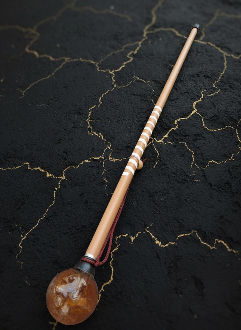 Vintage Spiral Wood Walking Stick with Antique Amber Art Glass Globe Top - 4