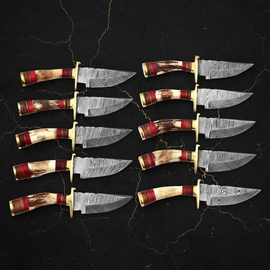 10 Hand-Forged Damascus Hunting Knives Stag Handle Sharp Blades w/ Sheaths - 2
