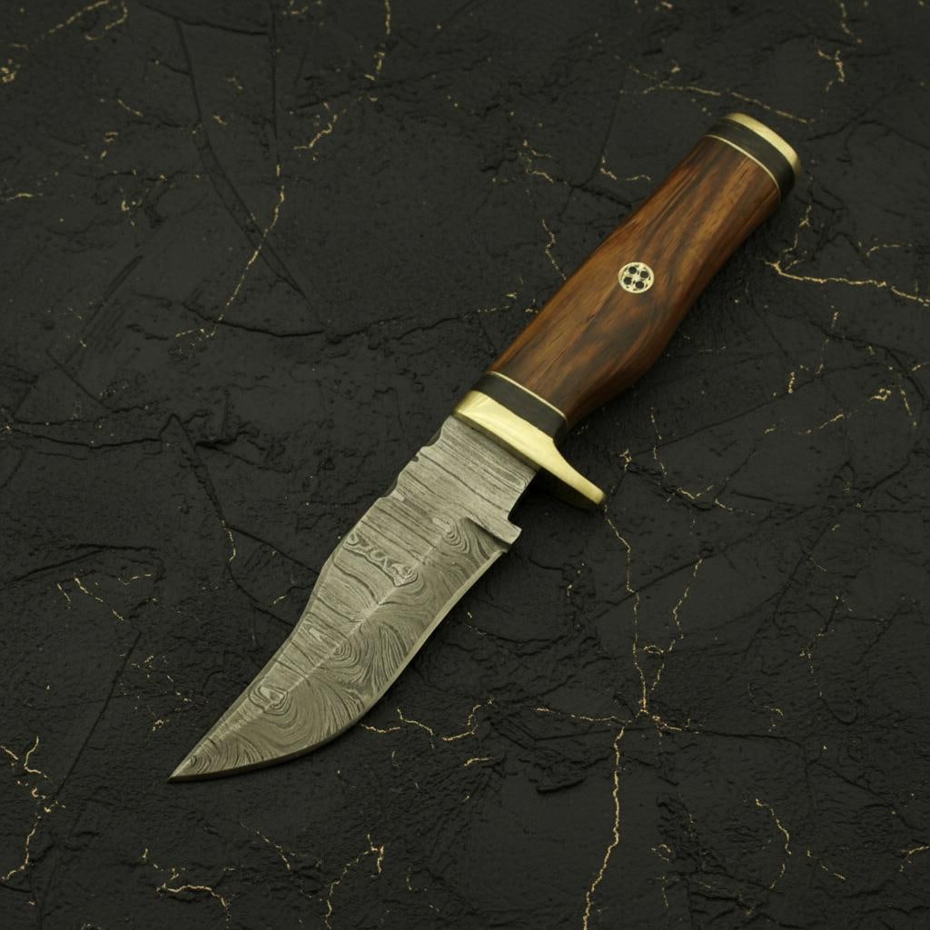 8" Hand Forged Damascus Hunting Knife with Custom Rosewood Handle and Leather Sheath - 2